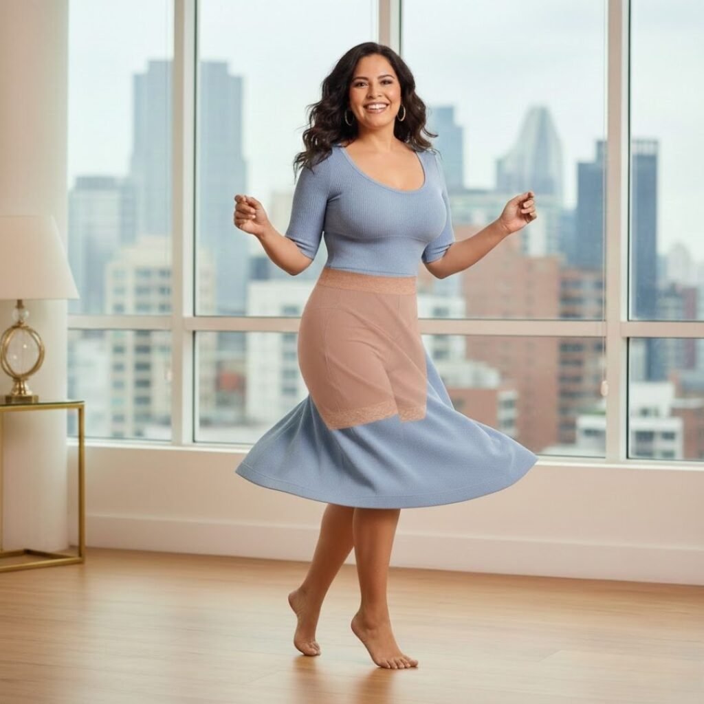 Modelo con curvas usando vestido azul y fajas invisibles bajo la ropa VITÍ™ CONTROL, mostrando la discreción del short moldeador en movimiento.