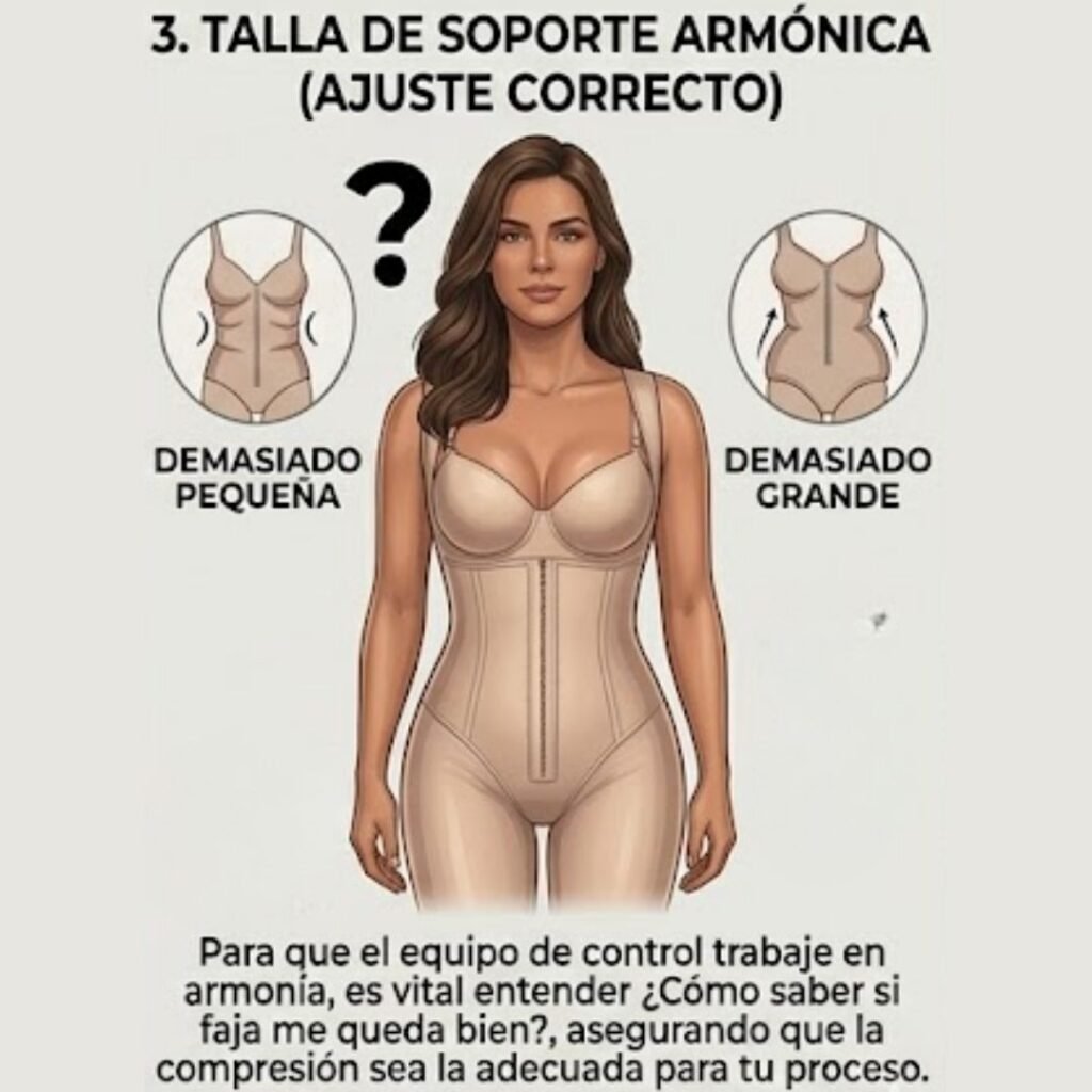 Guía visual femenina para elegir la talla de faja adecuada y lograr un ajuste de soporte armónico.
