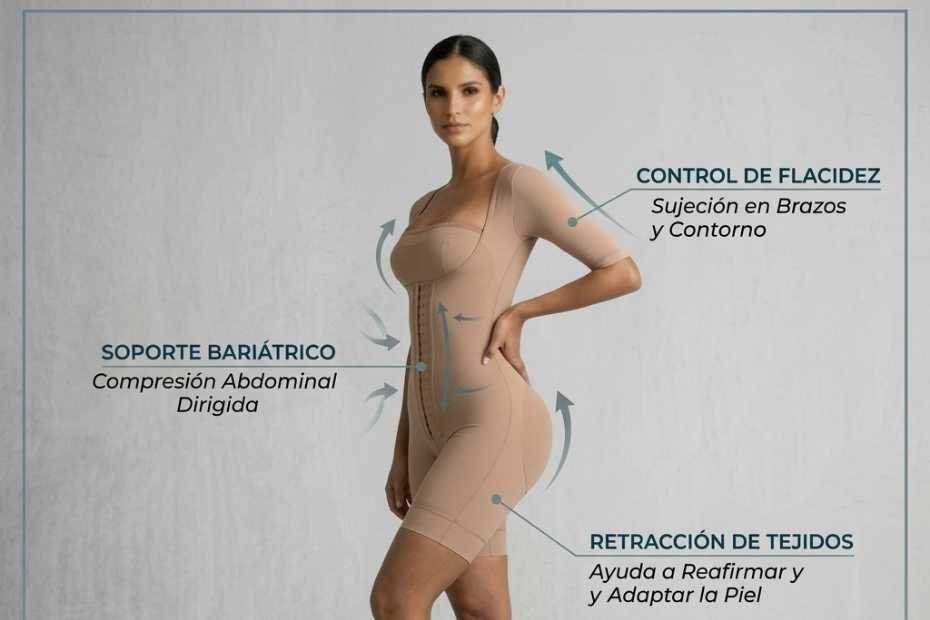 Infografía de VITÍ™ CONTROL sobre soporte bariátrico que muestra el combate a la flacidez y ayuda en la retracción de tejidos.