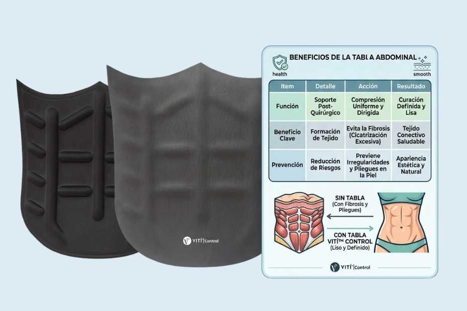 Infografía de VITÍ™ CONTROL explicando cómo la tabla abdominal evita fibrosis e irregularidades tras una cirugía.