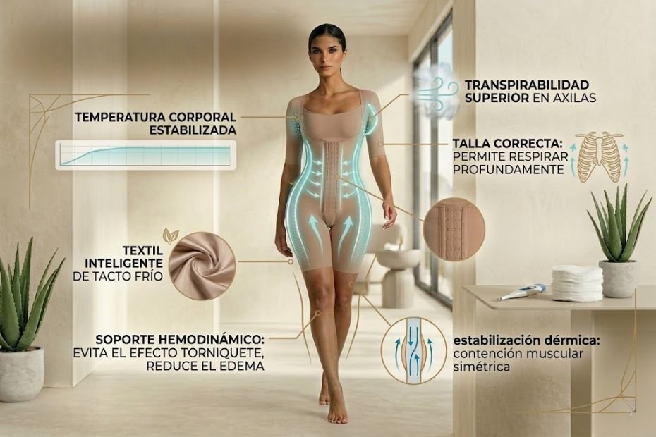 Infografía detallada en español de una faja de compresión para mujer para uso prolongado, mostrando beneficios como transpirabilidad, control de temperatura y soporte hemodinámico.
