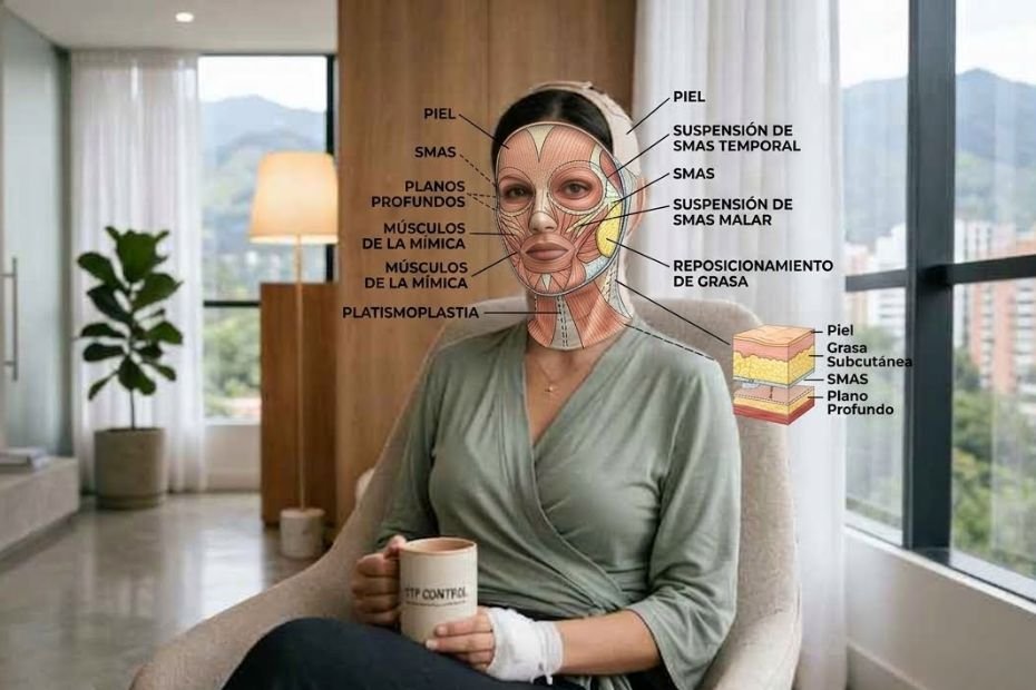 Diagrama anatómico de los músculos faciales y capas de la piel en un proceso de recuperación postquirúrgica con VITÍ® CONTROL.