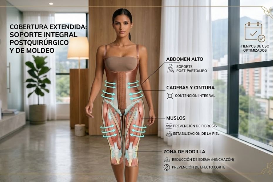 Infografía médica de VITÍ™ CONTROL® que detalla los beneficios de la cobertura extendida a la rodilla para evitar fibrosis y el efecto corte