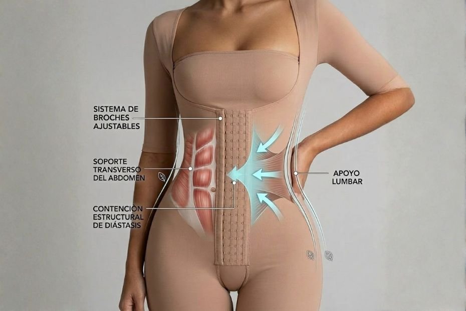 Acercamiento técnico al panel abdominal de la faja con mangas VITÍ® CONTROL, ilustrando el soporte para el transverso del abdomen, el cuidado de la diástasis y el sistema de triple nivel de broches frontales progresivos.