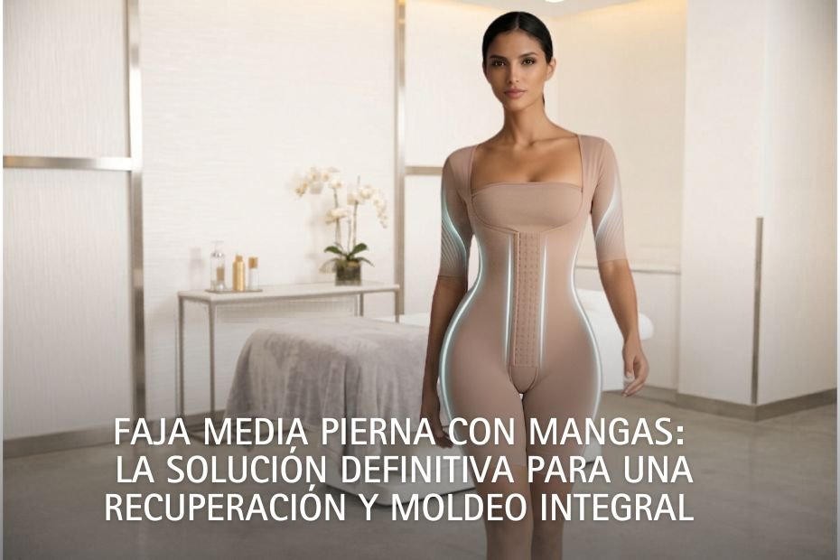 Infografía médica de una faja enteriza con mangas de VITÍ®CONTROL, detallando la distribución de presión homogénea para optimizar el drenaje linfático y evitar el desplazamiento de los tejidos.