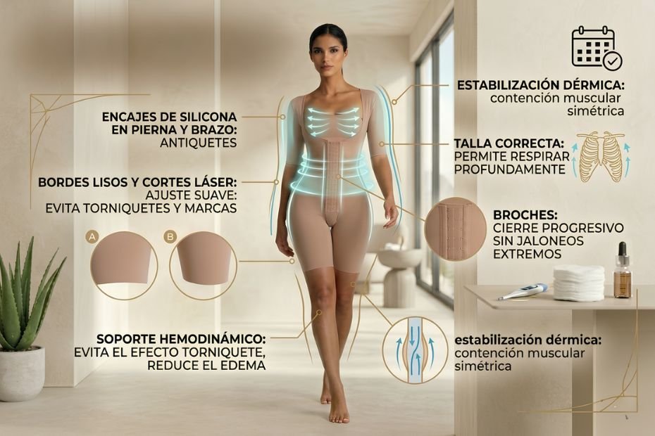 Infografía de ajuste milimétrico en faja postquirúrgica, resaltando los acabados de bordes lisos y cortes láser en brazos y piernas que evitan marcas e impiden el efecto torniquete hemodinámico.