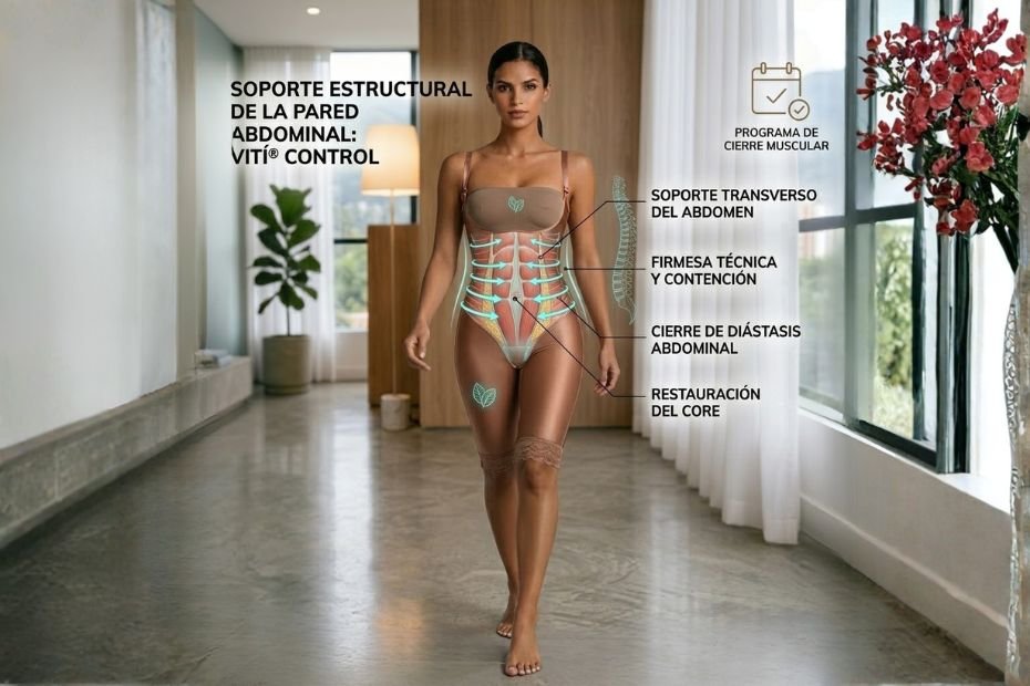 Infografía de VITÍ® CONTROL que ilustra el soporte del transverso, firmeza técnica y el proceso de cierre para la diástasis abdominal.