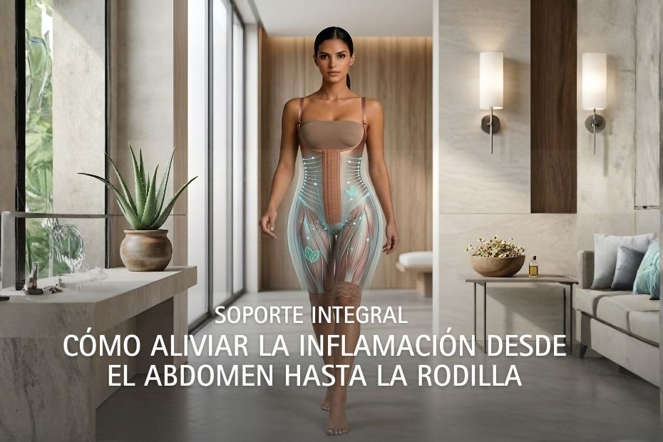 Modelo luciendo faja postquirúrgica de alta cobertura a la rodilla de VITÍ™ CONTROL® en tono bronce satinado para el control de la inflamación.