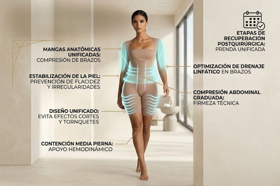 Infografía médica de una faja enteriza con mangas de VITÍ® CONTROL, detallando la distribución de presión homogénea para optimizar el drenaje linfático y evitar el desplazamiento de los tejidos.