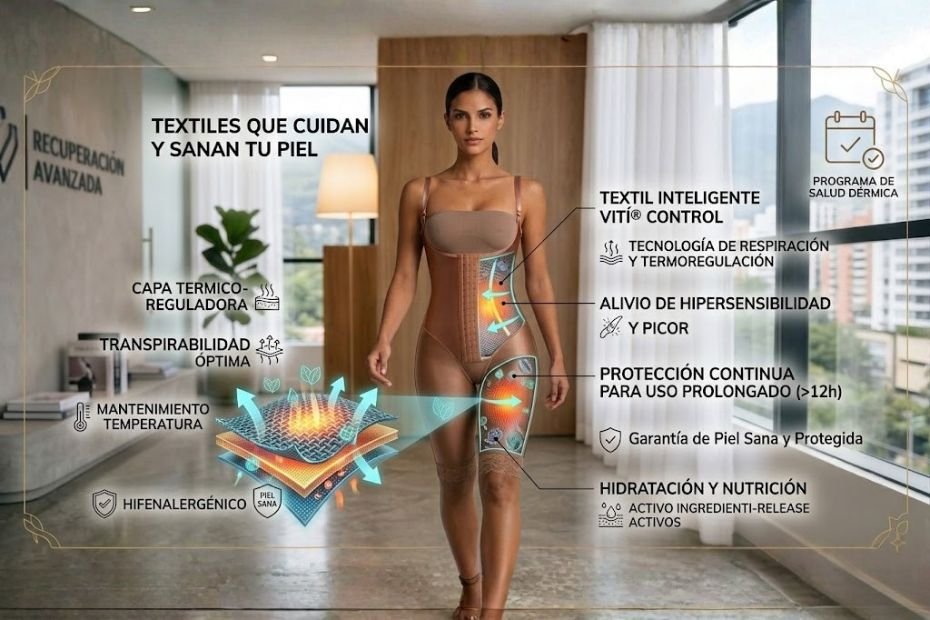Infografía de VITÍ®  CONTROL que detalla los beneficios del textil inteligente: transpirabilidad, termorregulación y alivio de hipersensibilidad o picor para uso prolongado