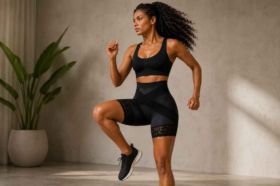 Mujer usando faja short deportiva en movimiento